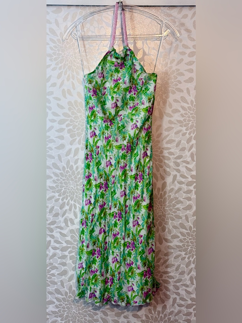 Ruth Anthropologie Women’s 4 Green Pink Floral Silk Beaded Necklace Halter Dress